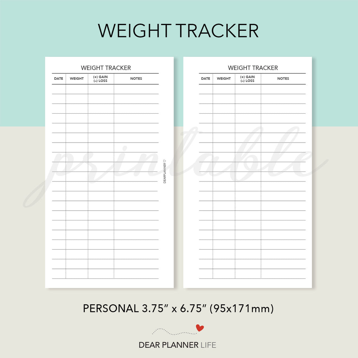 Weight Tracker Page (Personal Size) Printable PDF : P-56 – DearPlannerLife