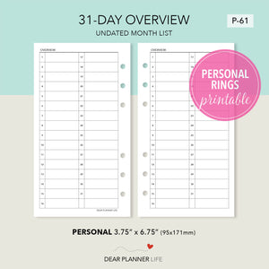 Monthly List Overview Template (Personal Size) Printable PDF : P-61