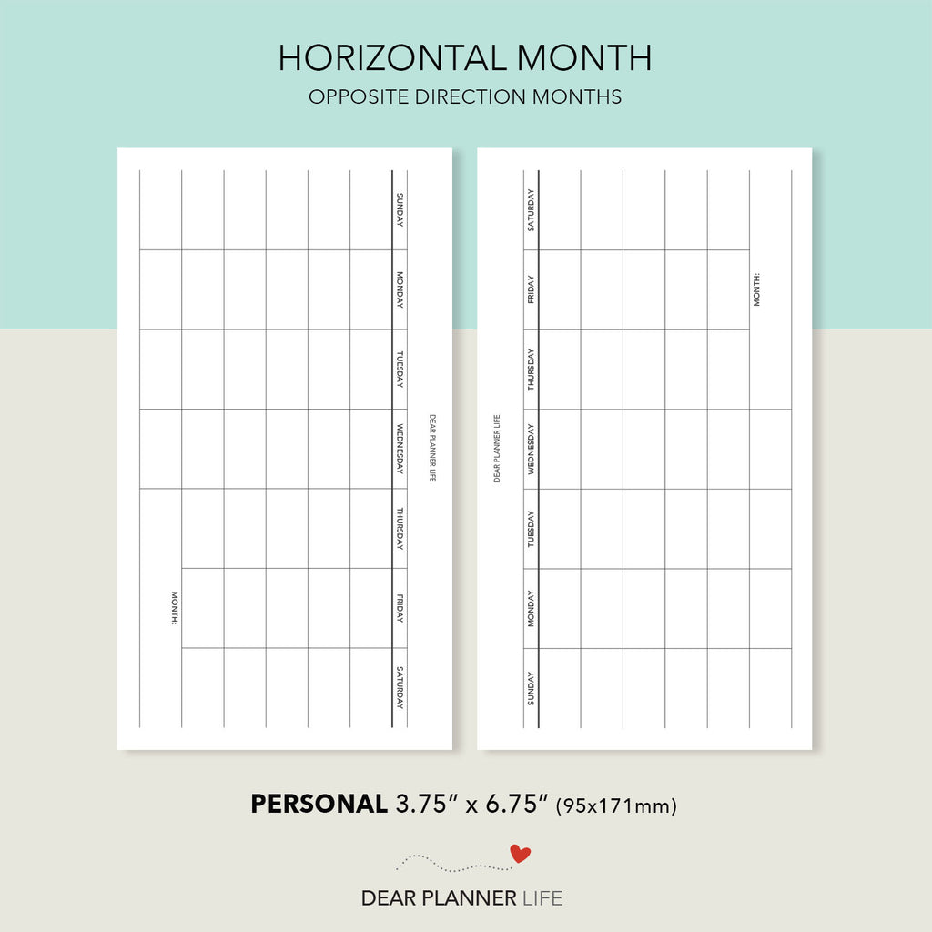 Horizontal Month Layout Undated Horizontal Month on 1 Page Template (Personal Size) Printable ...