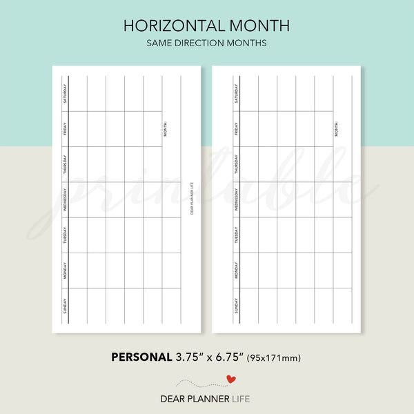 Undated Horizontal Month on 1 Page Template (Personal Size) Printable PDF : P-62