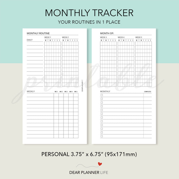 Monthly Routine Tracker (Personal Size) Printable PDF : P-63