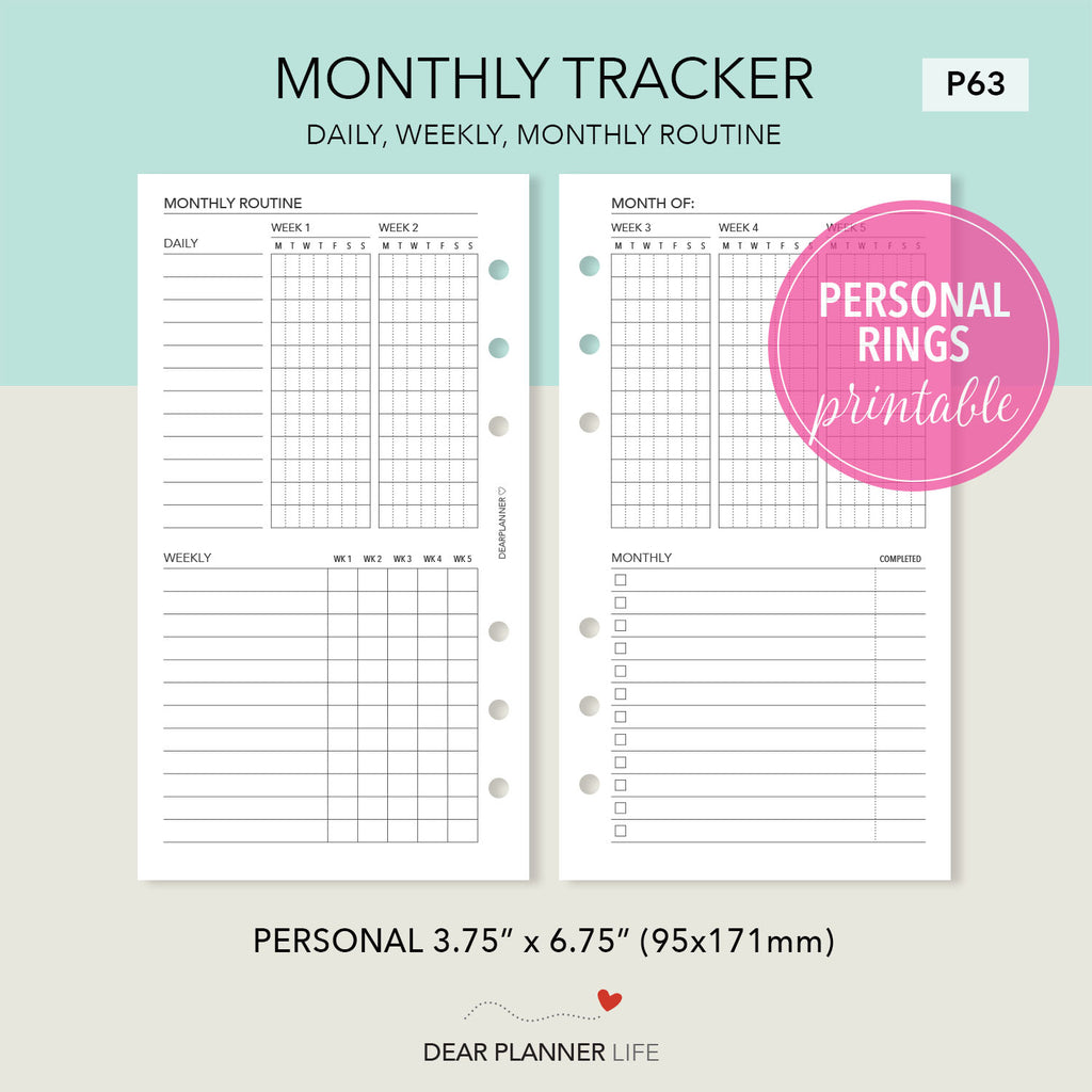 Monthly Routine Tracker (Personal Size) Printable PDF : P-63 ...