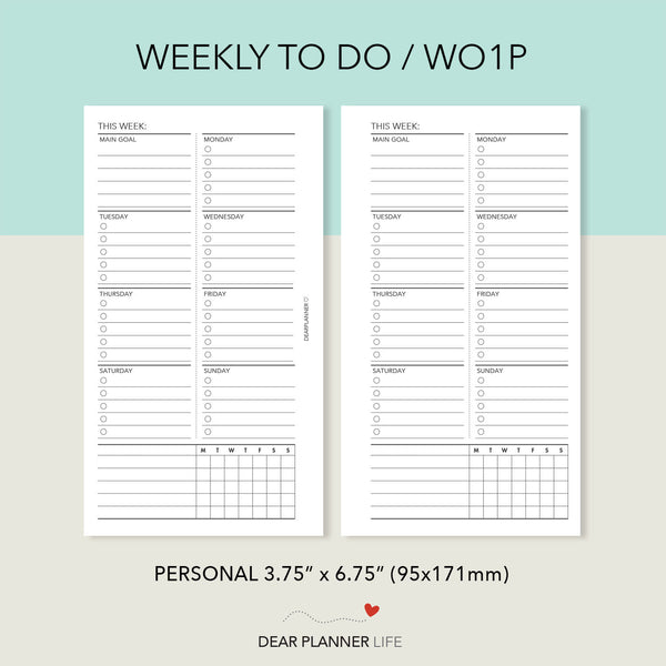 Week on 1 Page - To Do Tracker (Personal Size) Printable PDF : P-64