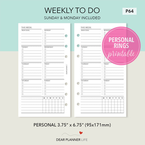 Week on 1 Page - To Do Tracker (Personal Size) Printable PDF : P-64