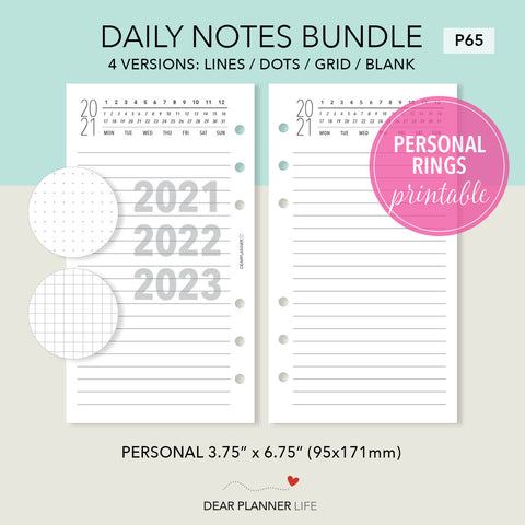 Daily Note Pages with Year Header PDF Printable : P65