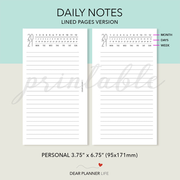 Daily Note Pages with Year Header PDF Printable : P65