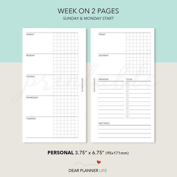 Week on 2 Pages with Grid (Personal Size) PDF Printable : P-66