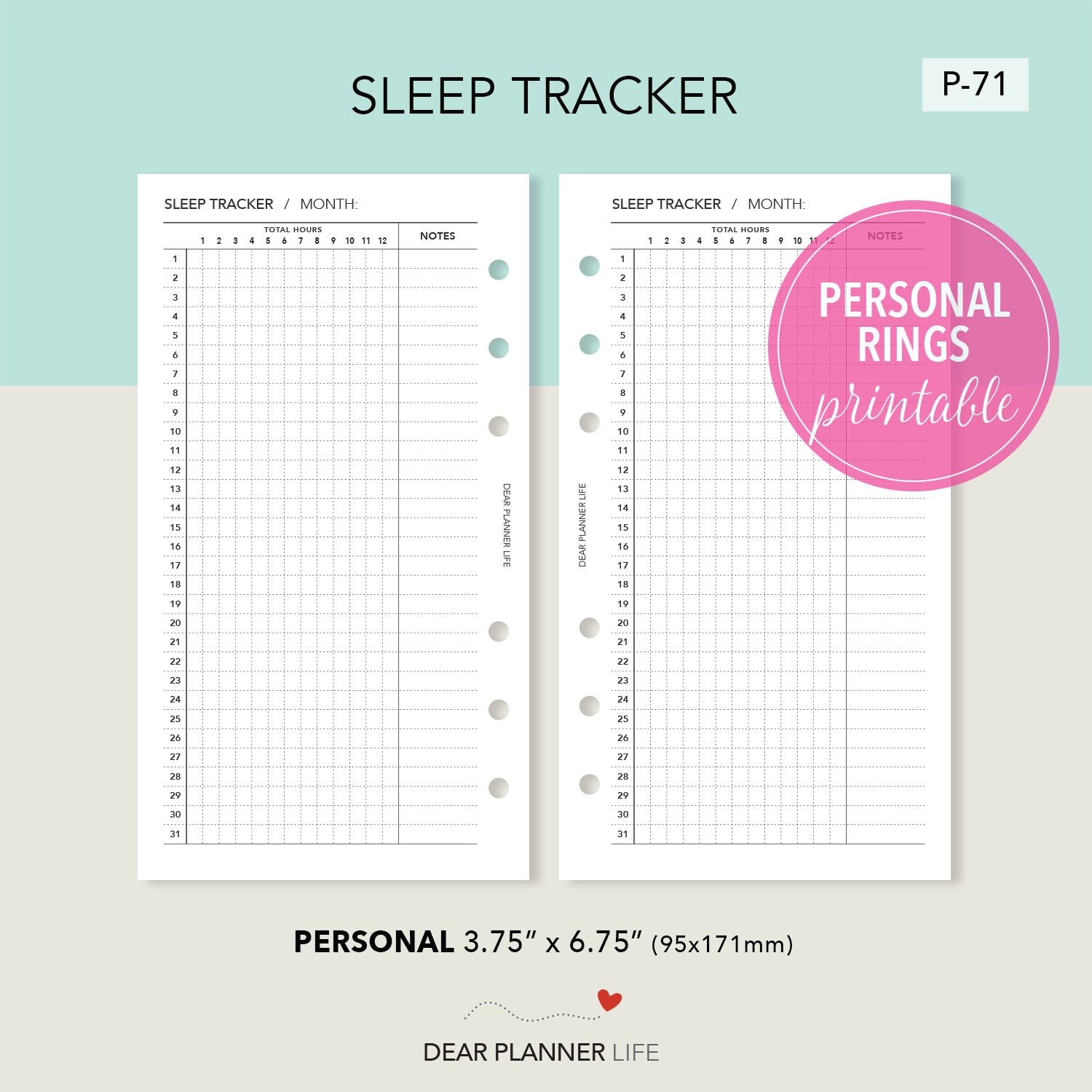 Sleep Duration Tracker (Personal Size) Printable PDF : P-71