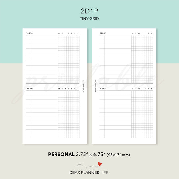 Daily: 2 Days on 1 Page with Tiny Grid (Personal size) Printable PDF : P-72