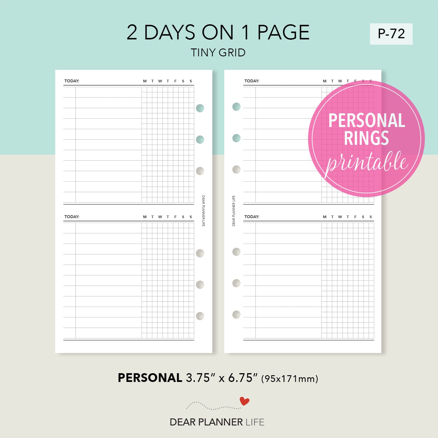 Daily: 2 Days on 1 Page with Tiny Grid (Personal size) Printable PDF : P-72