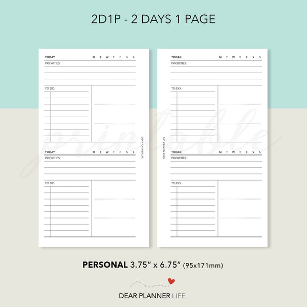 2 Days on 1 Page Horizontal (Personal size) Printable PDF : P-73