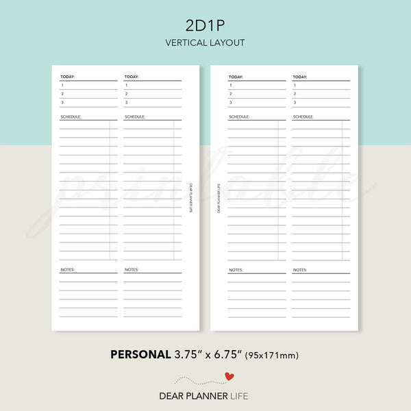 Vertical Layout of 2 Days on 1 Page (Personal size) Printable PDF : P-74