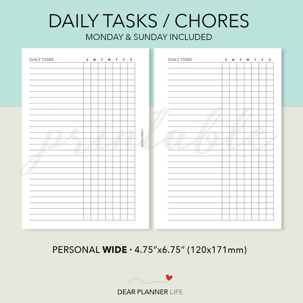 Daily Tasks (Personal WIDE) Printable PDF : W01