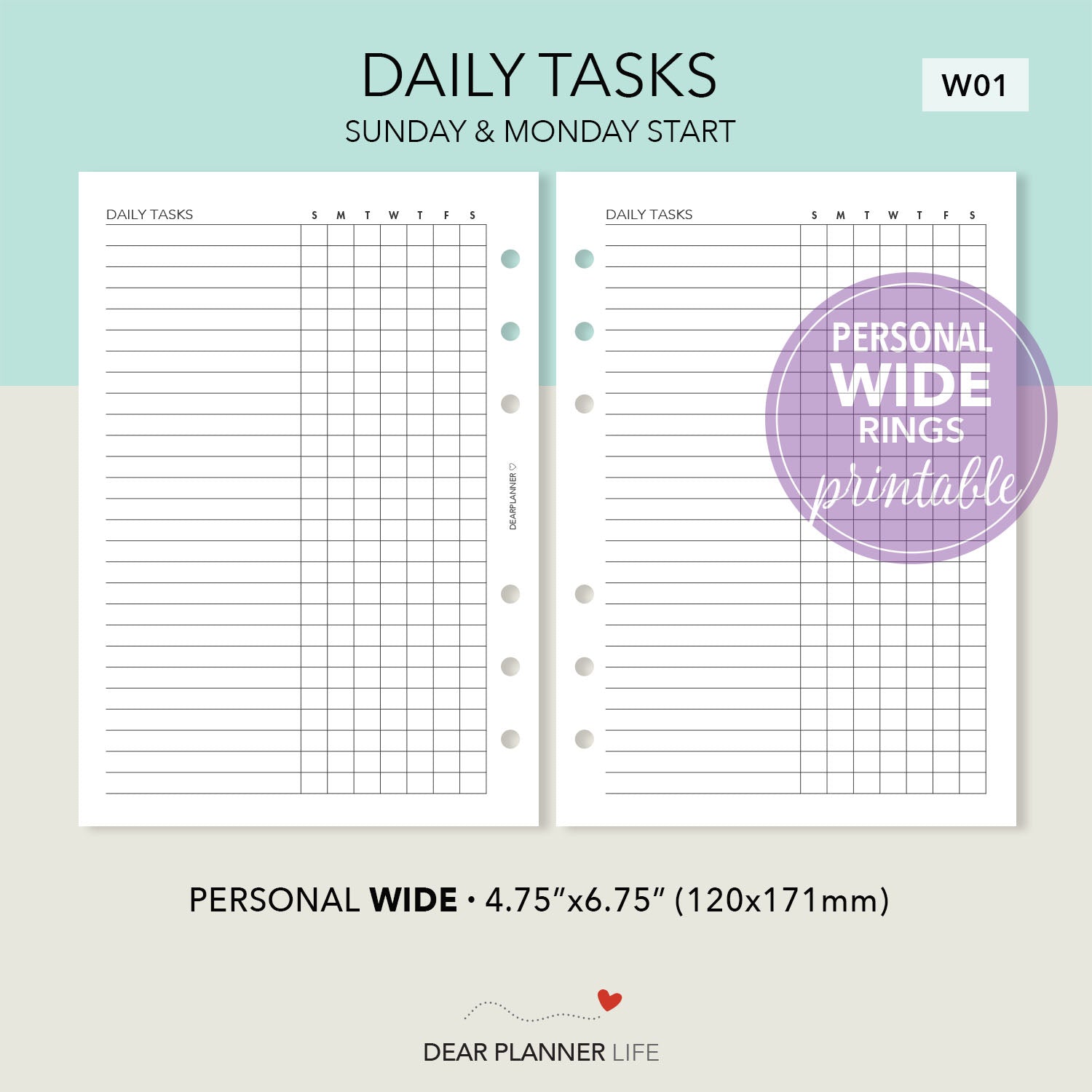 Daily Tasks (Personal WIDE) Printable PDF : W01