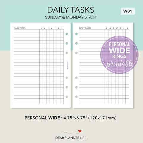 Daily Tasks (Personal WIDE) Printable PDF : W01