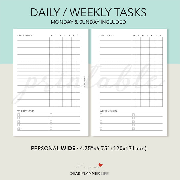 Daily/Weekly Tasks (Personal WIDE) Printable PDF : W-02