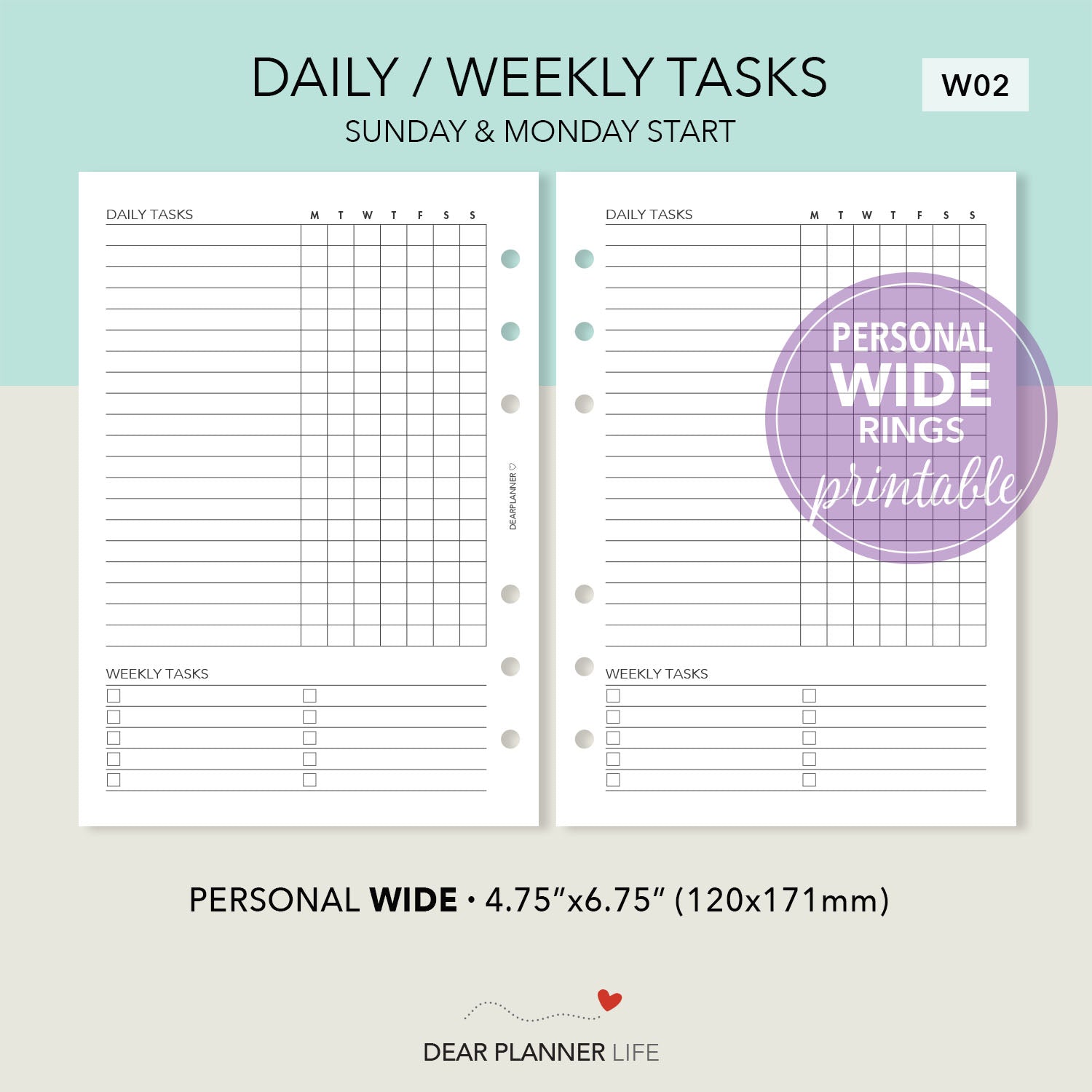 Daily/Weekly Tasks (Personal WIDE) Printable PDF : W-02