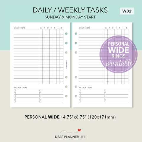 Daily/Weekly Tasks (Personal WIDE) Printable PDF : W-02