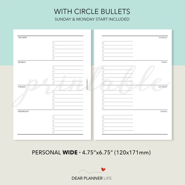 Horizontal Week on 2 Pages (Personal WIDE) Printable PDF : W-04