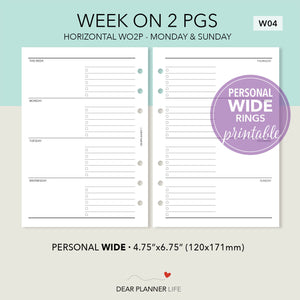 Horizontal Week on 2 Pages (Personal WIDE) Printable PDF : W-04