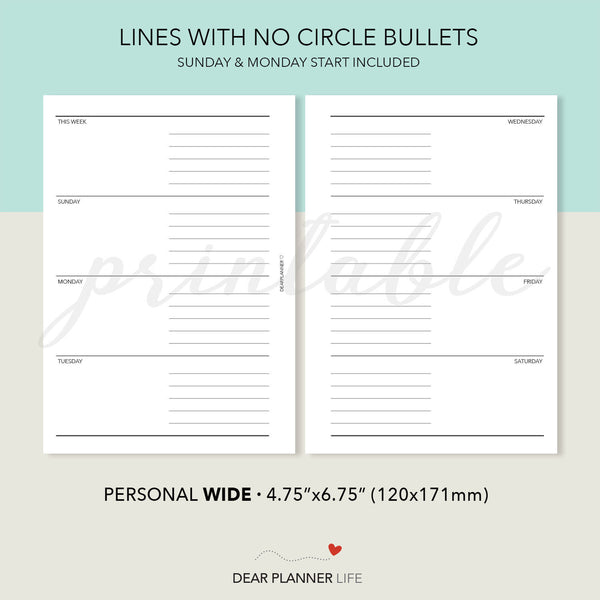 Horizontal Week on 2 Pages (Personal WIDE) Printable PDF : W-04