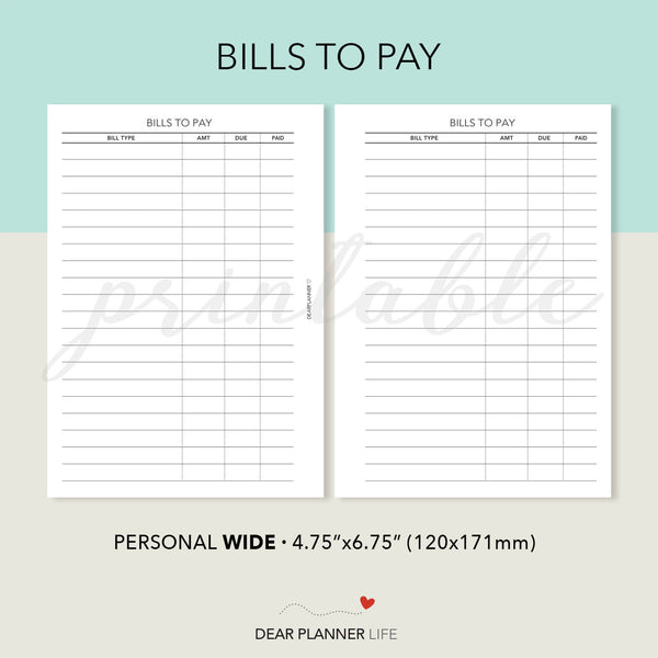 Bills To Pay Personal WIDE Printable PDF : W05