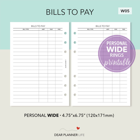 Bills To Pay Personal WIDE Printable PDF : W05