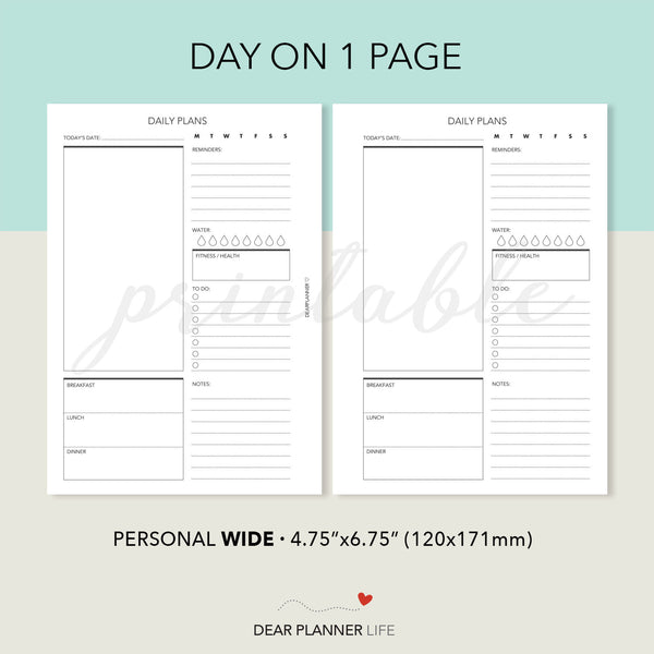 Daily Plans, Day on 1 Page (Personal WIDE) Printable PDF : W-06