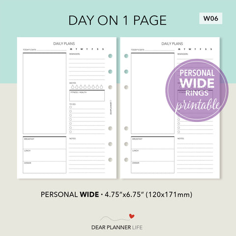 Daily Plans, Day on 1 Page (Personal WIDE) Printable PDF : W-06