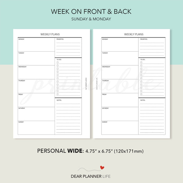 Undated Week on 1 Page (Personal WIDE) Printable PDF : W-07