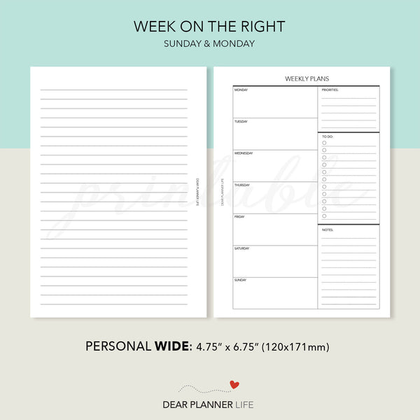 Undated Week on 1 Page (Personal WIDE) Printable PDF : W-07