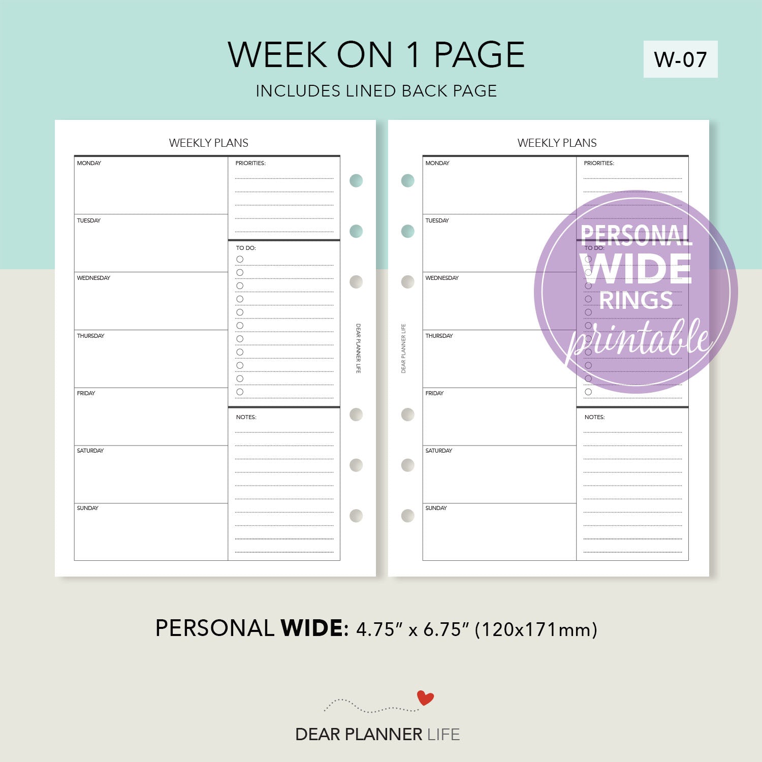 Undated Week on 1 Page (Personal WIDE) Printable PDF : W-07