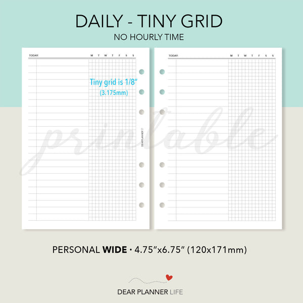 Day on 1 Page with Tiny Grid (Personal WIDE) Printable PDF : W11