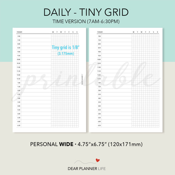 Day on 1 Page with Tiny Grid (Personal WIDE) Printable PDF : W11