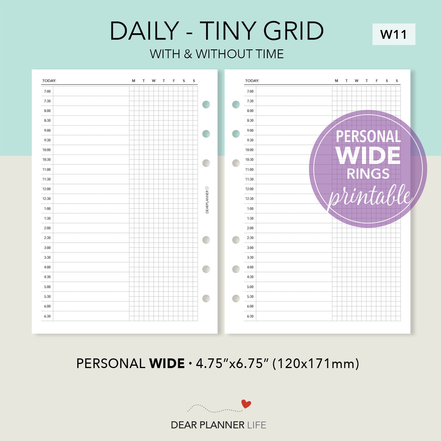 Day on 1 Page with Tiny Grid (Personal WIDE) Printable PDF : W11