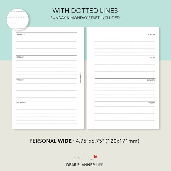 Horizontal Week on 2 Pages (Pers WIDE) Printable PDF : W-13