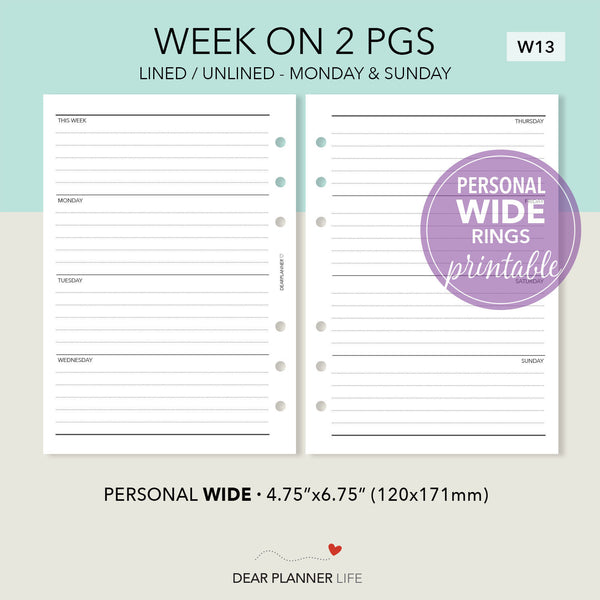 Horizontal Week on 2 Pages (Pers WIDE) Printable PDF : W-13