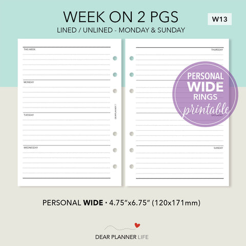 Horizontal Week on 2 Pages (Pers WIDE) Printable PDF : W-13