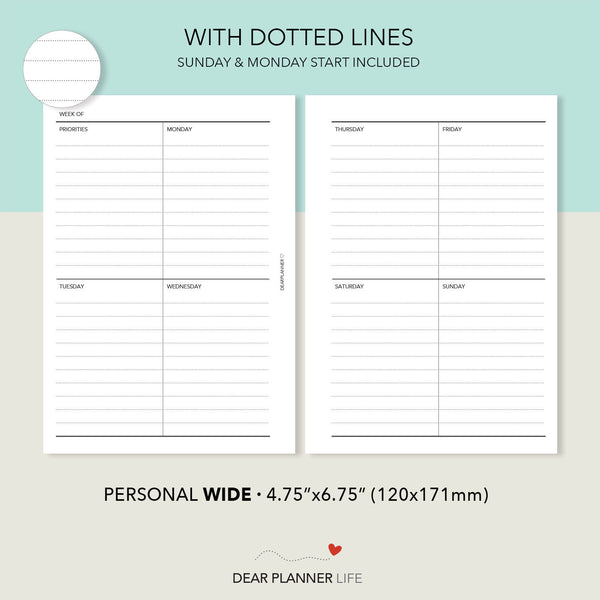 Vertical Quadrant Week on 2 Pages (Pers WIDE) Printable PDF : W-14