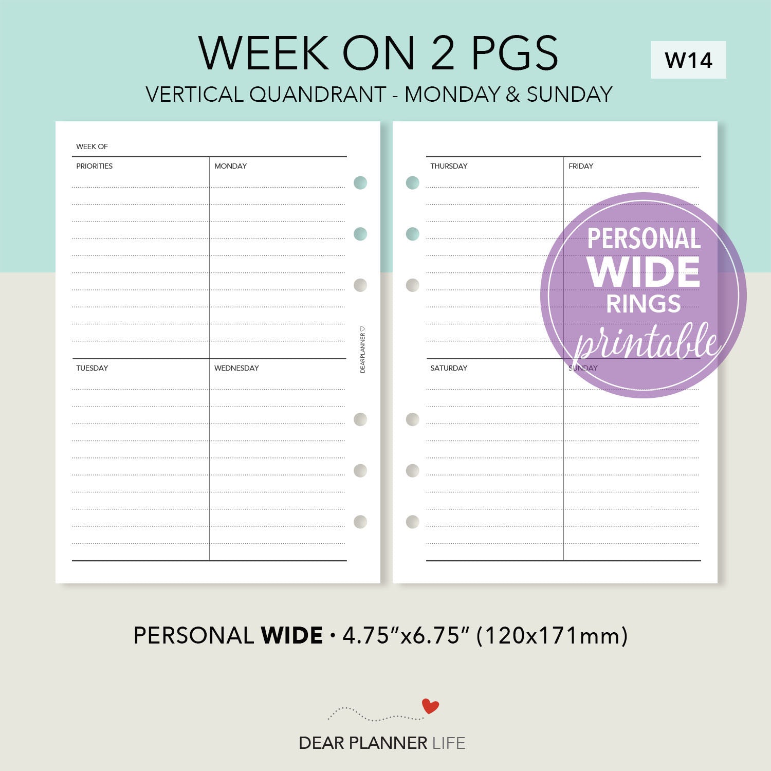 Vertical Quadrant Week on 2 Pages (Pers WIDE) Printable PDF : W-14