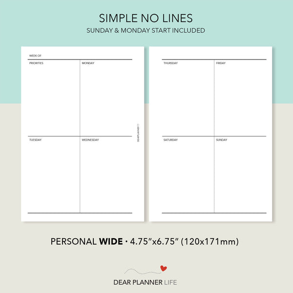 Vertical Quadrant Week on 2 Pages (Pers WIDE) Printable PDF : W-14