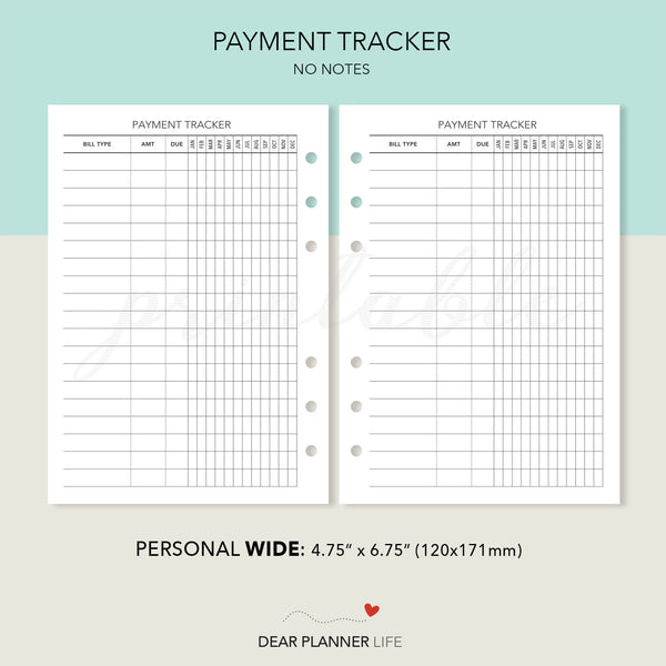 Payment Tracker (Personal WIDE) Printable PDF : W-15