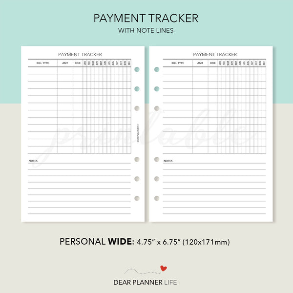 Payment Tracker (Personal WIDE) Printable PDF : W-15