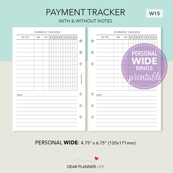 Payment Tracker (Personal WIDE) Printable PDF : W-15