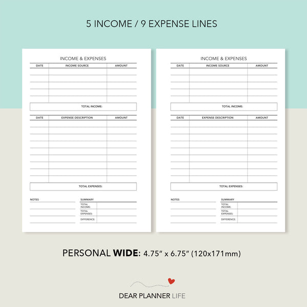 Income & Expenses (Personal WIDE) Printable PDF : W16