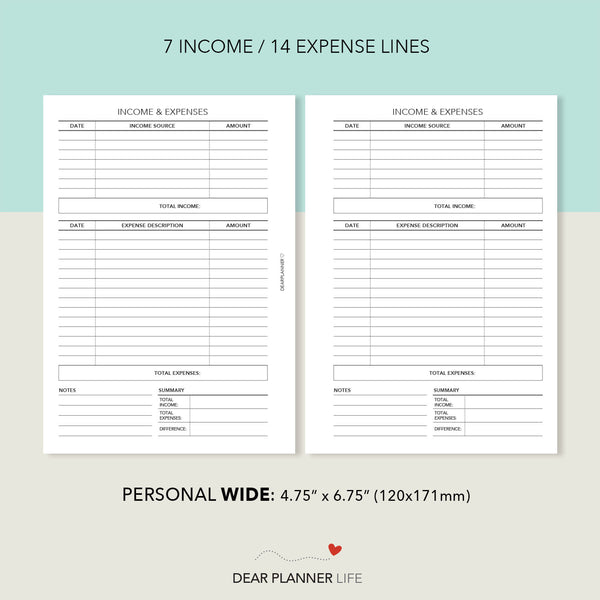 Income & Expenses (Personal WIDE) Printable PDF : W16