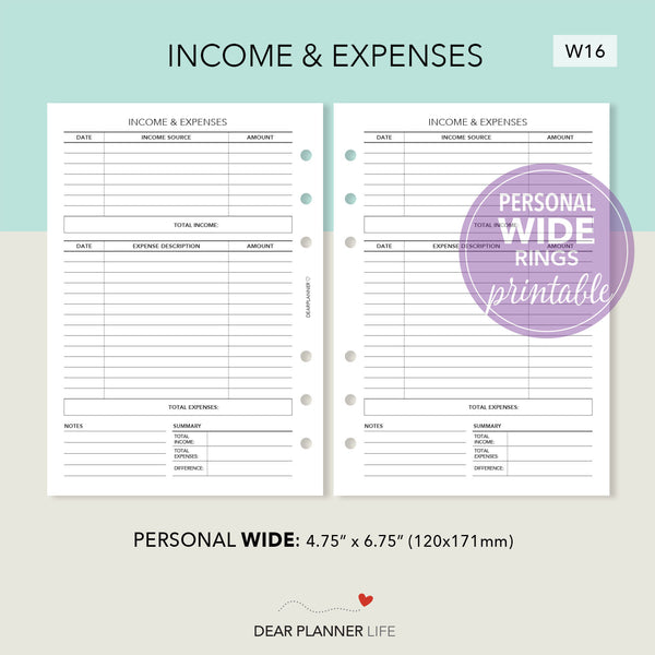 Income & Expenses (Personal WIDE) Printable PDF : W16