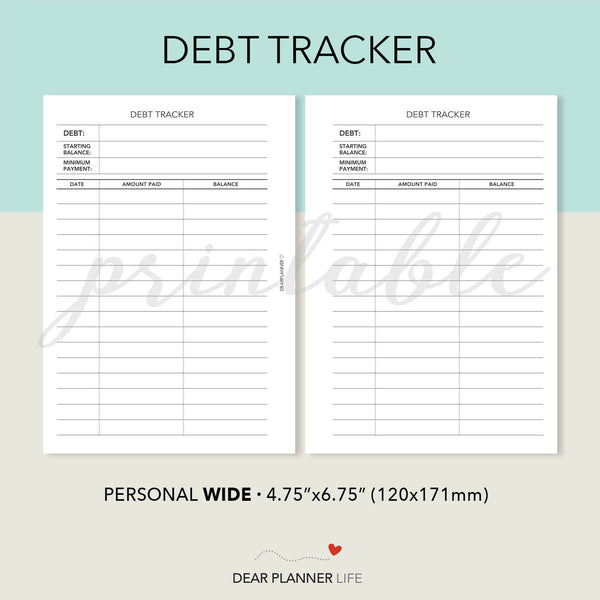 Debt Tracker (Personal WIDE) Printable PDF : W20