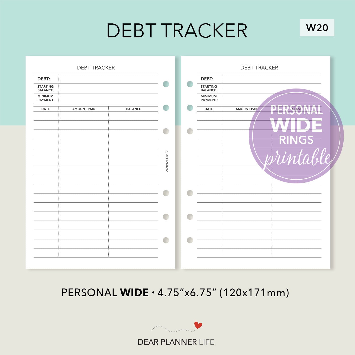 Debt Tracker (Personal WIDE) Printable PDF : W20