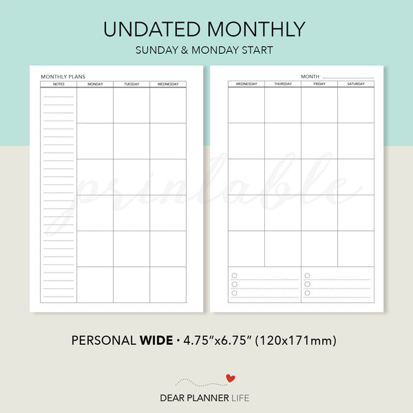 Undated Month on 2 pages (Personal WIDE) Printable PDF : W-22.25